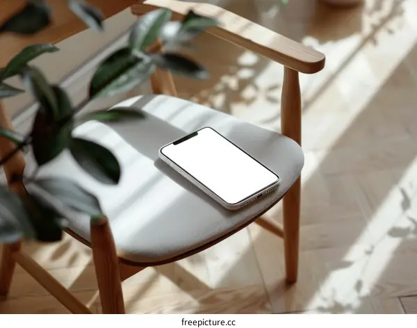 A wooden chair with a white phone on it