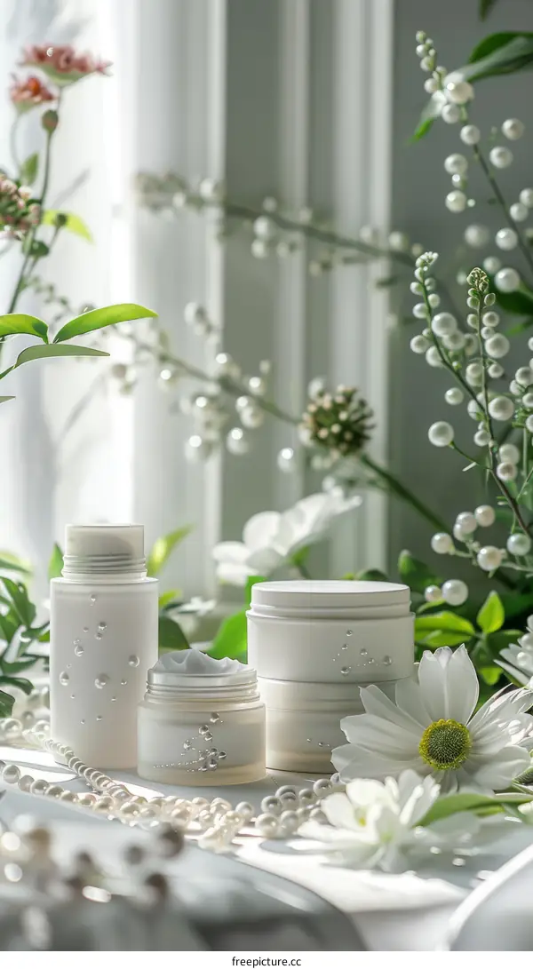 Three cosmetic containers with pearls and flowers