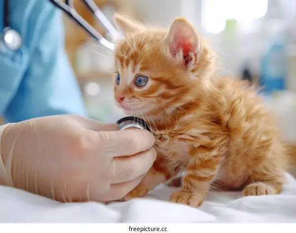 Veterinarian Examining Ginger Kitten with Stethoscope