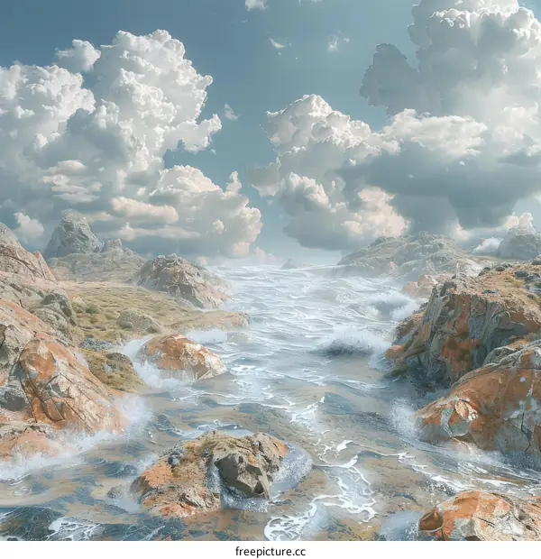 Rocky coastline and rough sea with cloudy sky