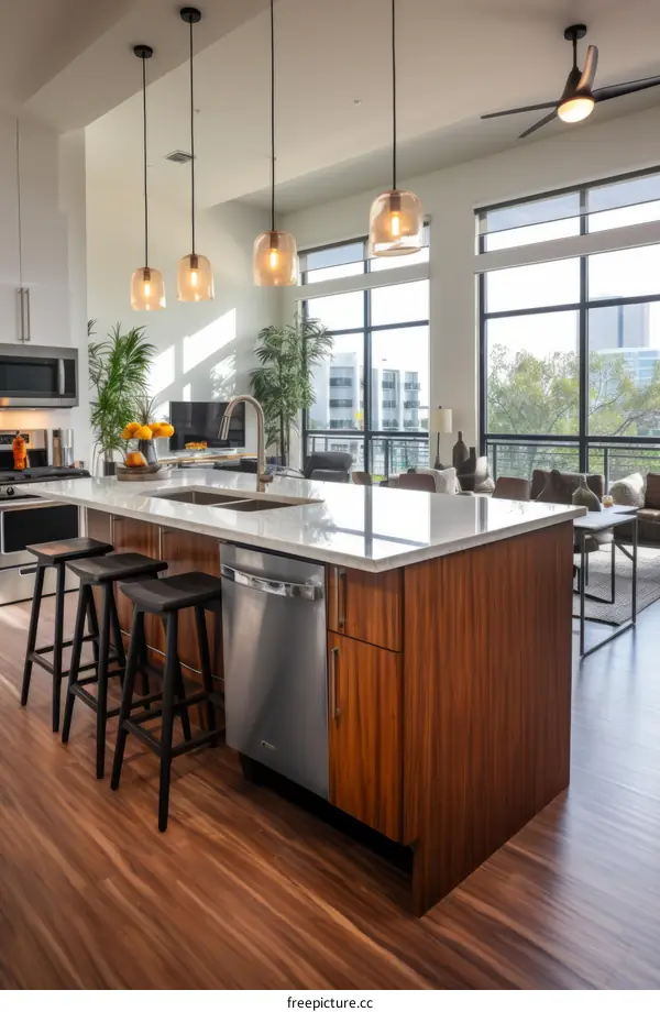 Modern kitchen with large island and stainless steel appliances