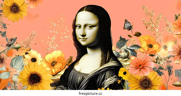 Mona Lisa Portrait With Floral Background