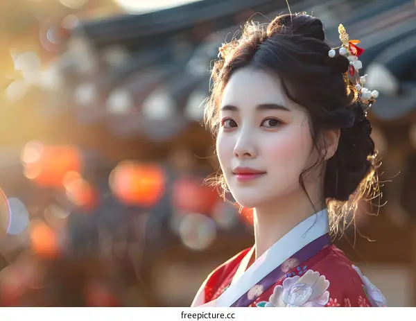 Portrait of a young woman in traditional Korean dress, or Hanbok