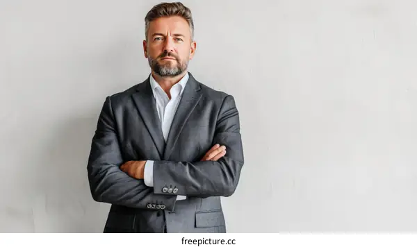 Portrait of a middle-aged man in a suit with crossed arms