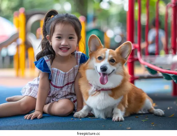 Asian girl sitting on the ground with a happy looking corgi dog