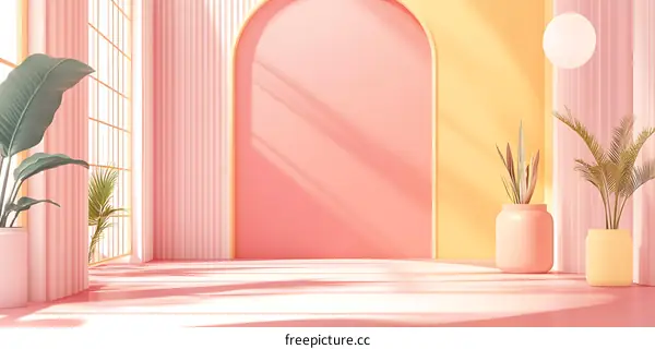 Pink and Yellow Minimalist Room Interior with Arch and Plants