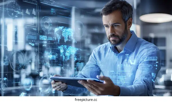 Businessman Working with Futuristic Data Displays