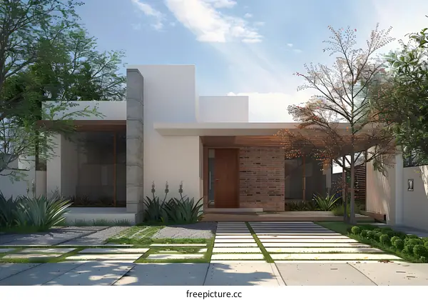 Modern White House Exterior Design with Brick Wall and Landscaping