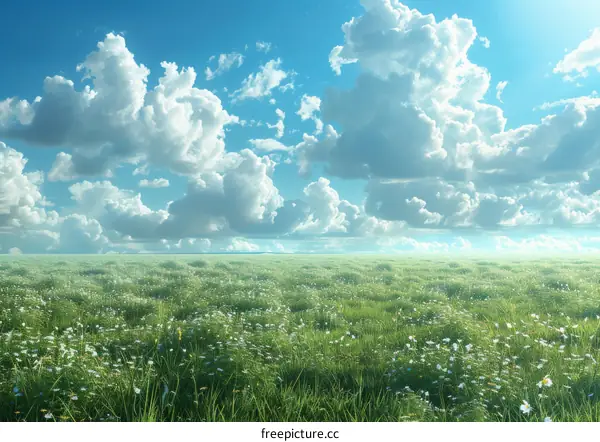 White Daisy Flowers in a Green Grass Field Under Blue Sky with White Clouds