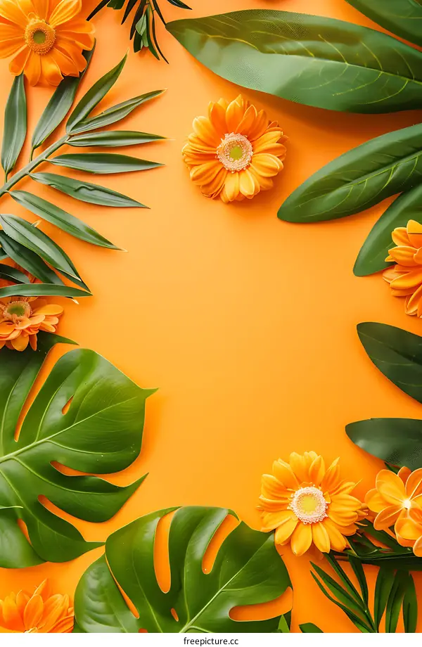 Orange Flowers and Green Leaves on an Orange Background