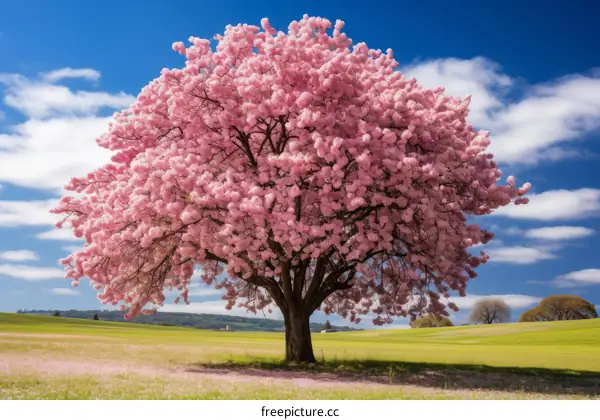 A cherry tree in full bloom stands in a field of green grass. The sky is blue and there are white clouds.
