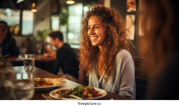 Curly Haired Woman Smiling at a Restaurant