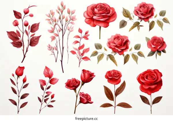 Watercolor Red Roses and Pink Leaves Clipart