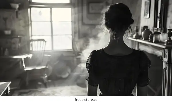 woman in historical clothing looking out window