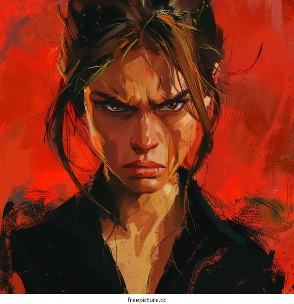 Portrait of a determined young woman with brown hair and brown eyes, wearing a black shirt with a white collar, painted in a semi-realistic style with red background.