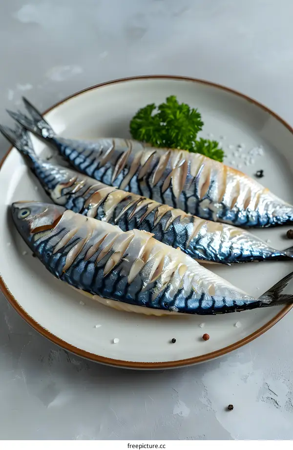 Three raw mackerels on a ceramic plate