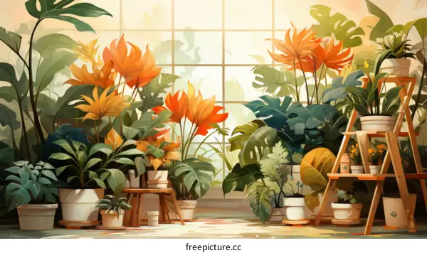 Vibrant Greenhouse Interior with Potted Plants