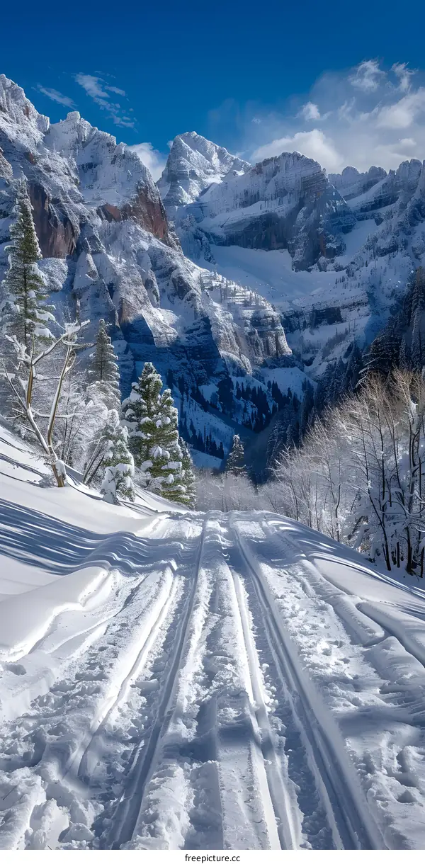 Snow Covered Mountain Trail with Snow Tracks
