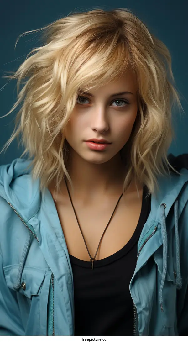 Portrait of a young woman with blonde hair and blue eyes