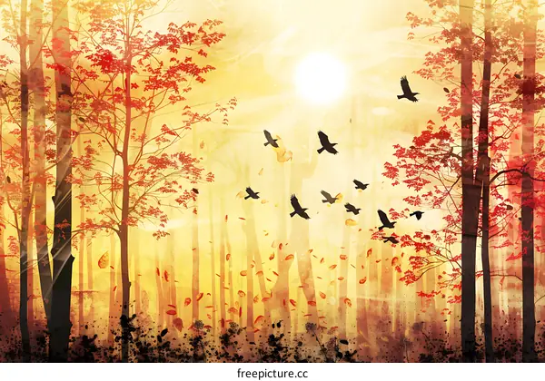Autumn Forest Silhouette with Falling Leaves and Birds