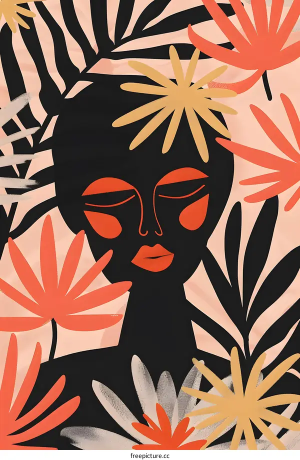 Abstract Woman Face with Tropical Leaves Illustration