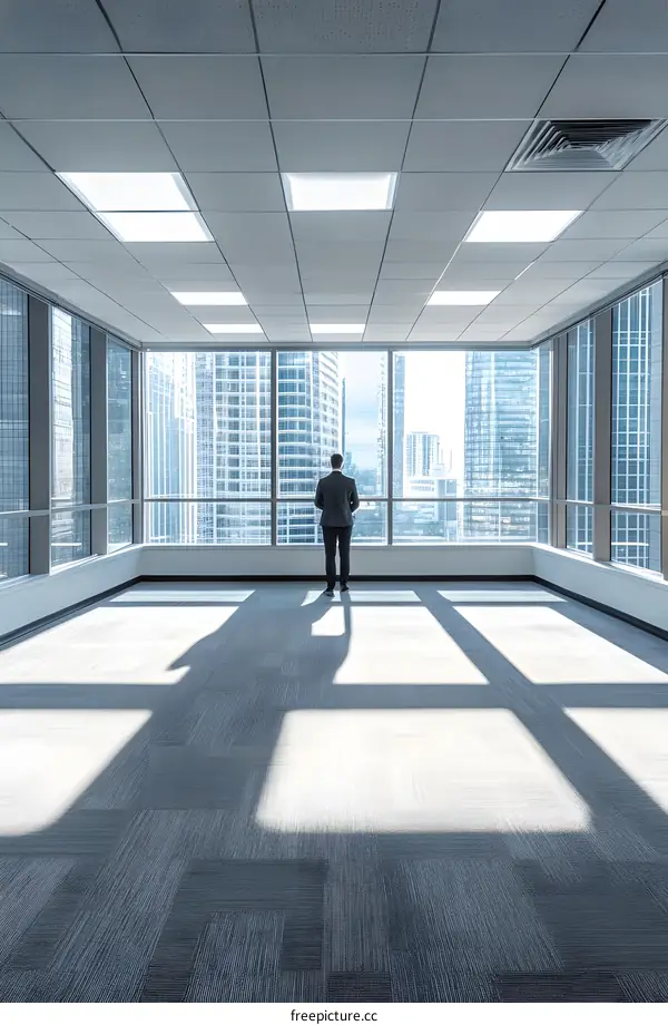 Businessman Standing in Modern Office Looking Out Window at Cityscape