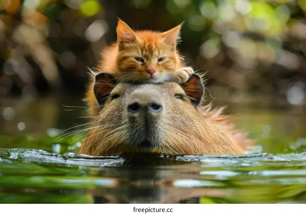 Orange cat riding on capybara in river