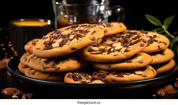 Chocolate Chip Cookies on a Black Plate
