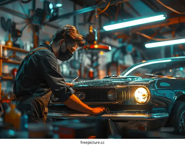 Young male mechanic working on a classic car in a garage