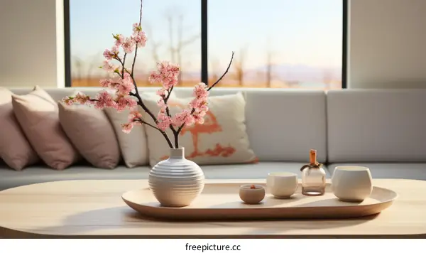 A beautiful living room with a vase of cherry blossoms on the table