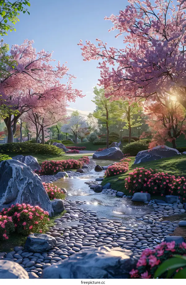 Cherry blossoms are in full bloom in the park, and the creek is babbling. The scenery is beautiful.