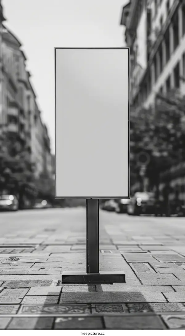 Black and white photo of a blank advertising billboard on a city street