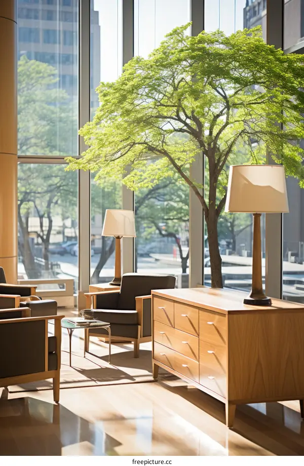 Office lobby with a large tree in the center