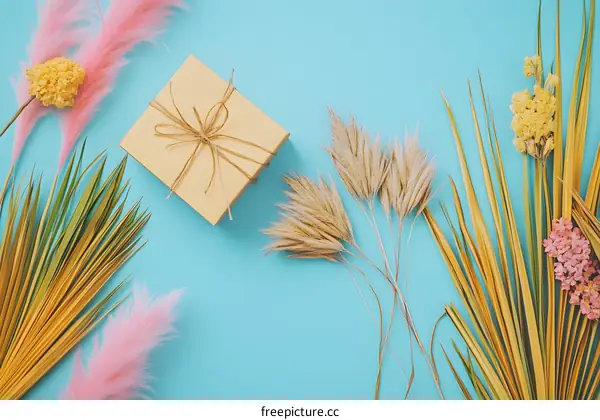 Flat Lay Gift Box With Dried Flowers and Palm Leaves On Blue Background