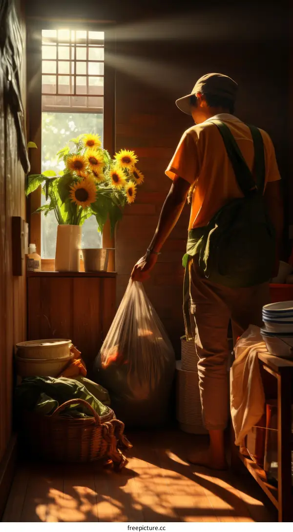 A farmer harvesting sunflowers in a barn