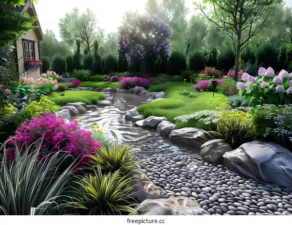 A babbling brook runs through the courtyard