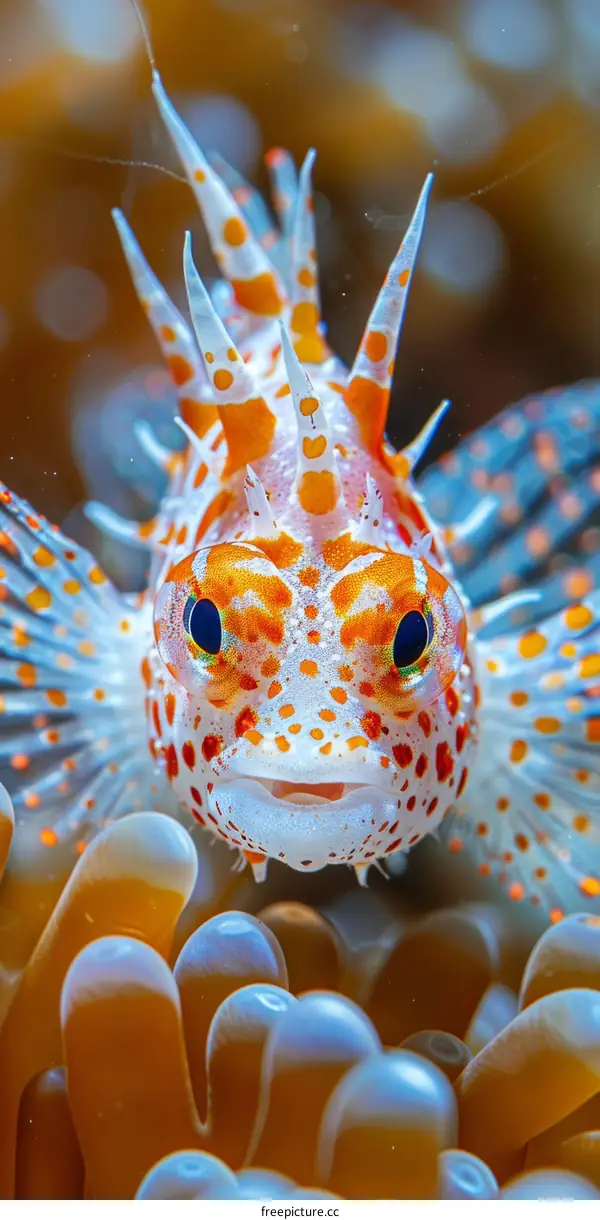 A tiny red and white fish with a large head and a wide mouth