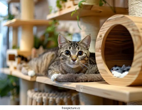 A cute tabby cat is relaxing on a wooden cat tree