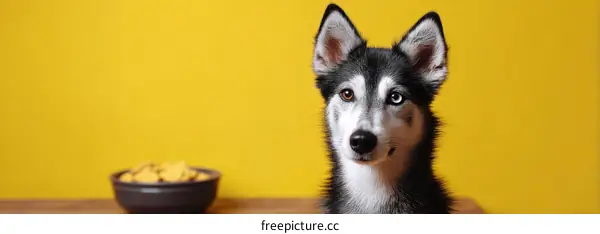 Close-up Portrait of a Husky Dog Against a Yellow Background