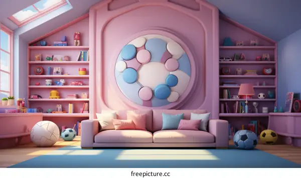 Pink and Blue Playroom with Sofa, Rug, Bookshelves, and Toys