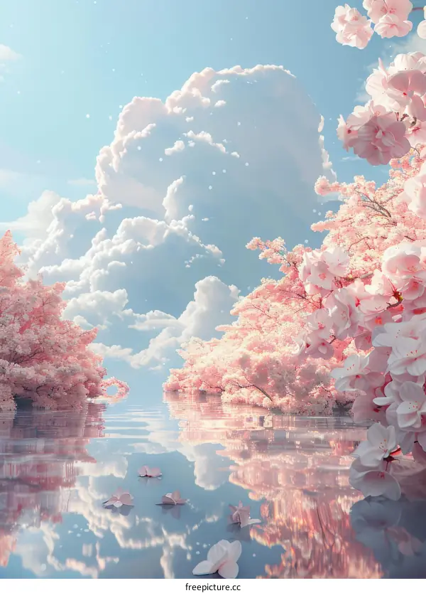 Serene Cherry Blossoms Reflection on Lake