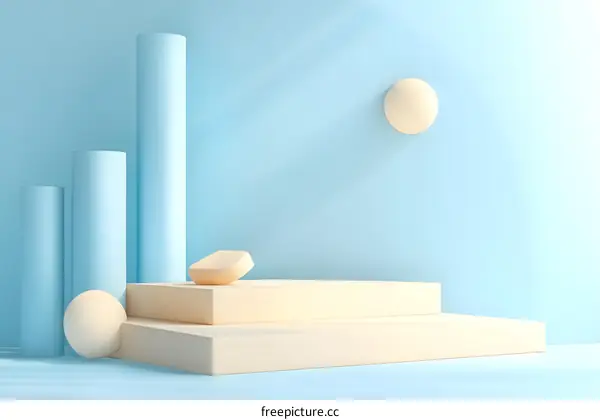 Abstract Minimalist 3D Rendered Scene with Blue Cylinders and Beige Platforms