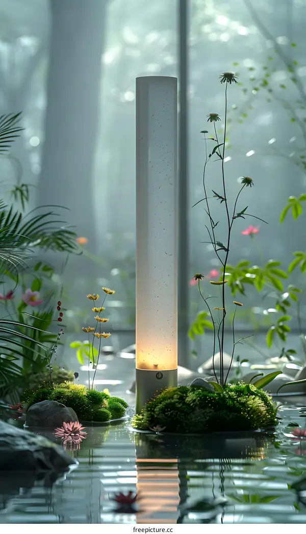 plants and flowers in the water with a lamp