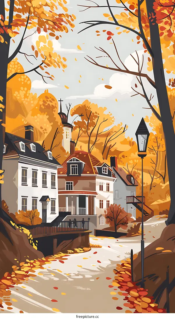 Autumn Village Illustration With People Walking On The Pathway