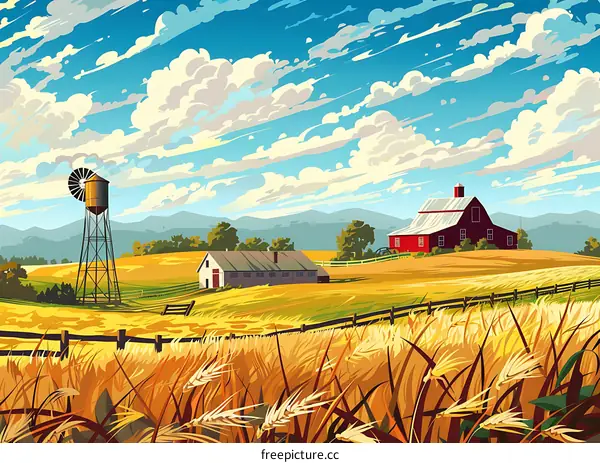 Farmhouse in a Field of Wheat with a Blue Sky and Clouds