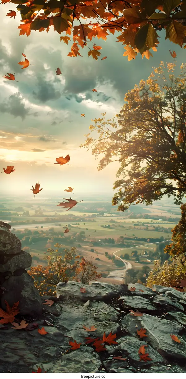Autumn Leaves Falling From Tree Overlooking Countryside