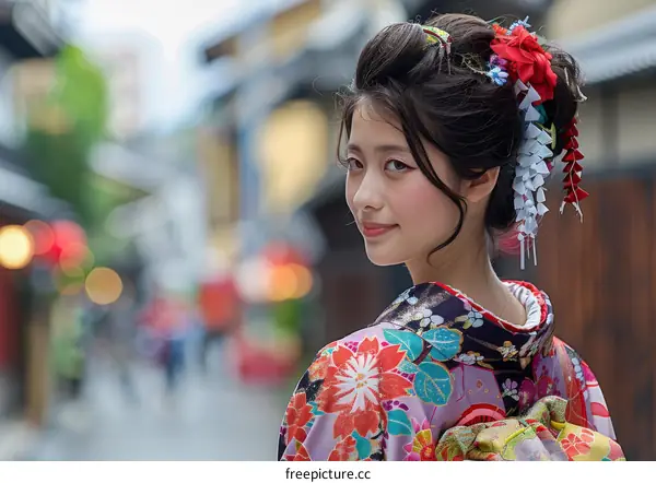 Portrait of a beautiful Japanese woman in traditional kimono