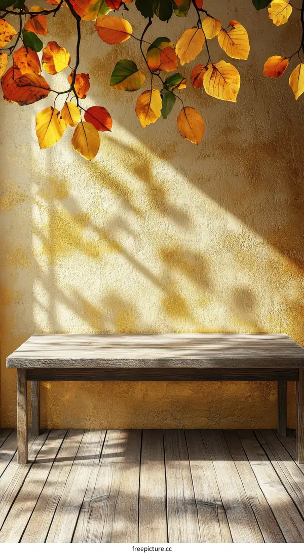 Autumn Wooden Bench in Sunlight