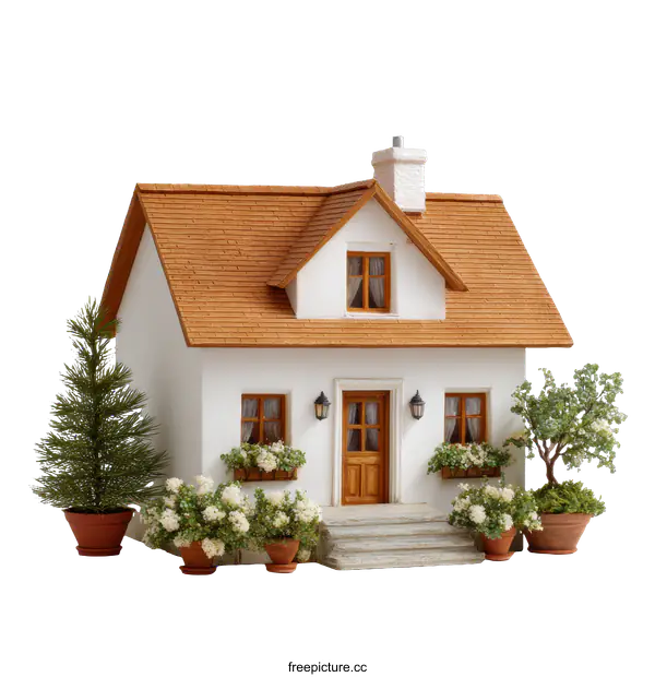 [Transparent Background PNG]Small House Model with Garden Decor