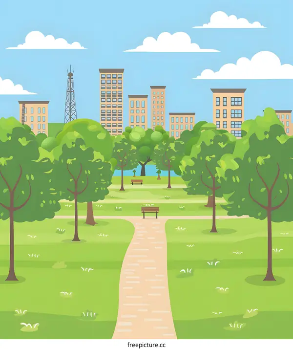 City Park Illustration with Green Trees and Benches